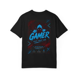 Gamer Hoodie Grafisk T-shirt | Neonblå Arcade-logotyp, Spela Kämpa Vinn bild 5