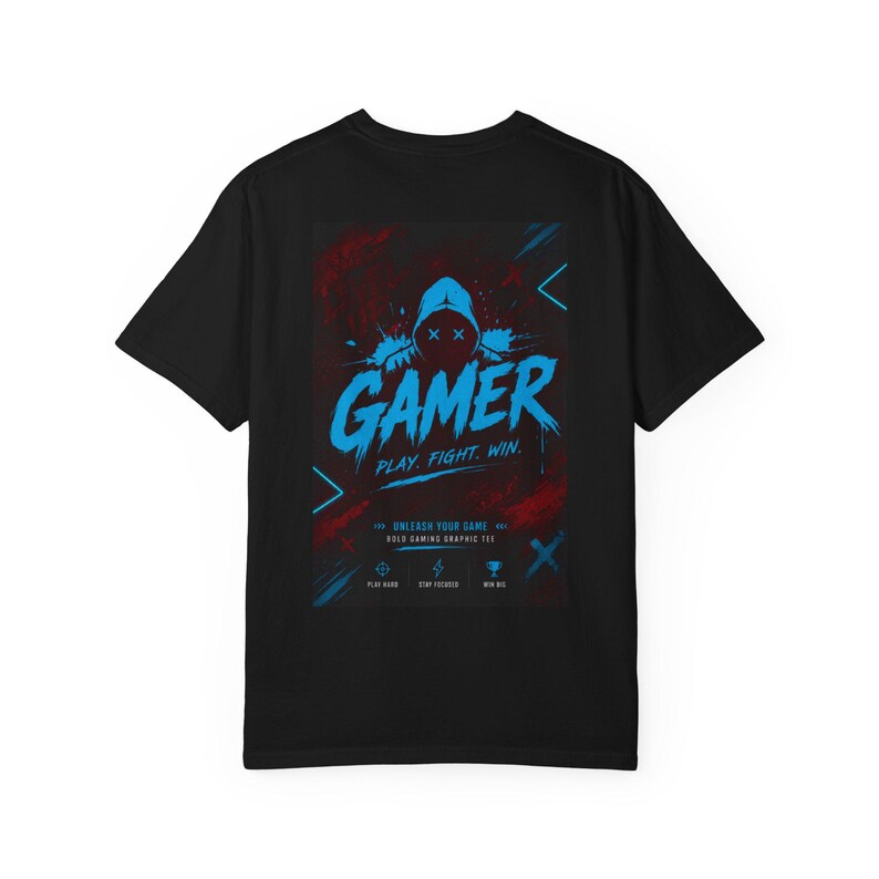 Gamer Hoodie Grafisk T-shirt | Neonblå Arcade-logotyp, Spela Kämpa Vinn bild 5