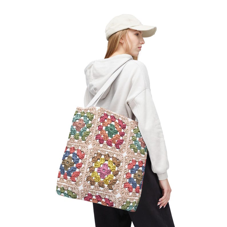 Colorful Crochet Granny Squares Tote | Pattern All-Over-Print Bag image 14