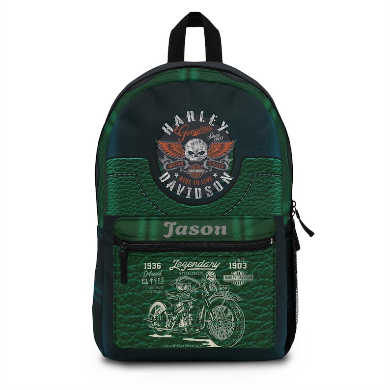 Harley Davidson Skull Motorcycle Backpack | Vintage Biker Design, Personalized Name image 1