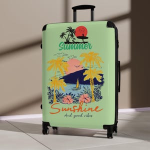 Summer Sunshine beach scene Suitcase | tropical palm trees, sailboat, retro sunset image 13