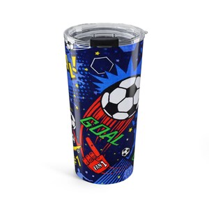 Bicchiere termico da viaggio con grafica a tema porta da calcio (20 oz) / Tazza da viaggio con motivo a pallone da calcio immagine 2