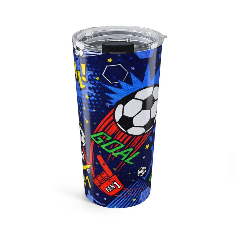 Bicchiere termico da viaggio con grafica a tema porta da calcio (20 oz) / Tazza da viaggio con motivo a pallone da calcio immagine 2
