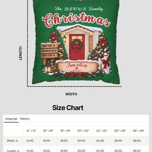 May include: A square green throw pillow featuring a Christmas-themed graphic with a red door, decorated trees, and text reading The BROWN Family Christmas, New Year, New Memories, Same Love, Amelia, and 2027. A size chart lists dimensions from 14 to 28 inches.