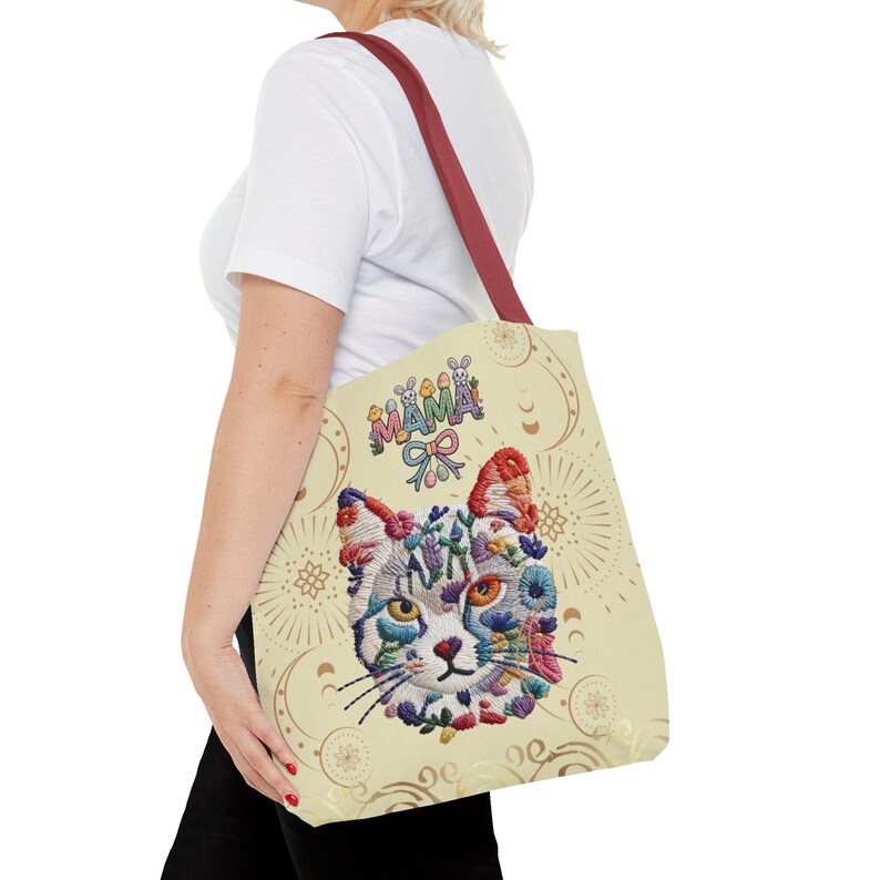 Floral Cat Face mama Tote Bag | Colorful Embroidered Style Animal Print image 8