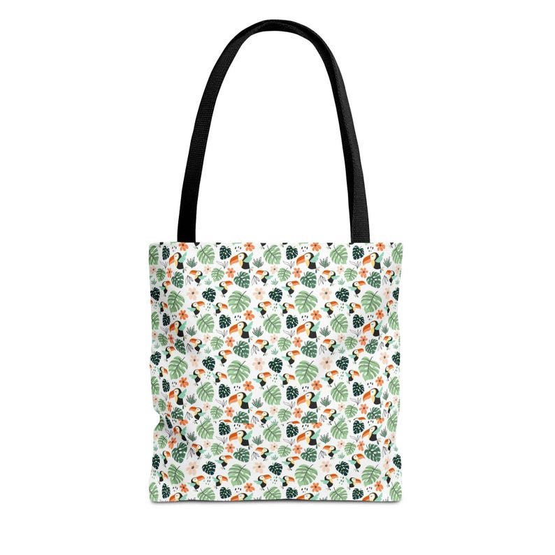 Tropical Toucan Leaves Tote Bag, All-Over Print Canvas Shoulder Bag image 2