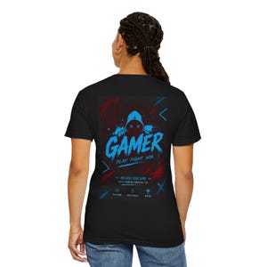 Gamer Hoodie Grafisk T-shirt | Neonblå Arcade-logotyp, Spela Kämpa Vinn bild 13