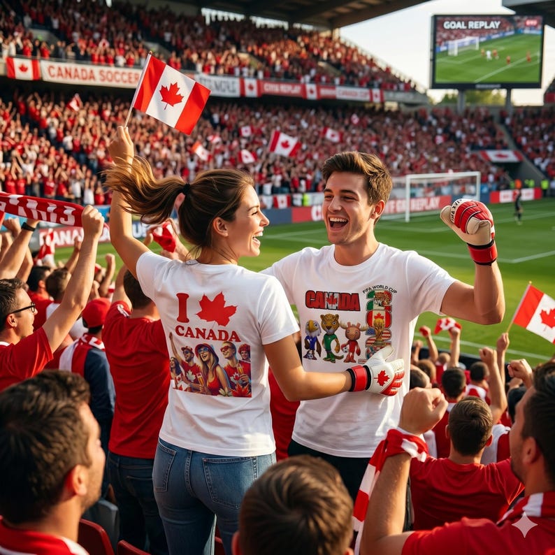 Op de afbeelding: Een menigte bij een voetbalwedstrijd juicht en zwaait met Canadese vlaggen. Twee mensen in witte t-shirts met "I Canada" en "Canada FIFA World Cup" afbeeldingen vieren. Het stadion is gevuld met rood en wit, de kleuren van de Canadese vlag.