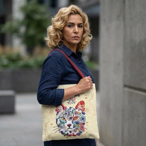 Floral Cat Face mama Tote Bag | Colorful Embroidered Style Animal Print image 4