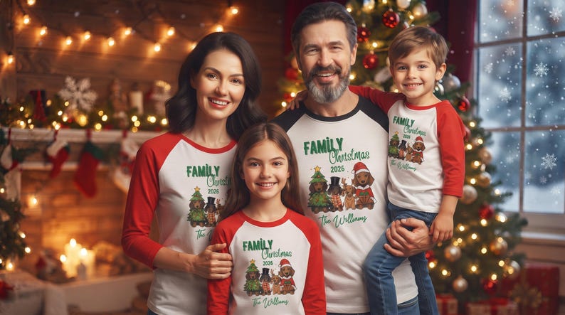 Op de afbeelding: Bijpassende witte en rode raglan-shirts met een afbeelding van vier teckels in feestelijke kleding, met de tekst "FAMILY Christmas 2026" en "The Williams" op de voorkant gedrukt. De shirts hebben lange rode mouwen en een witte romp.