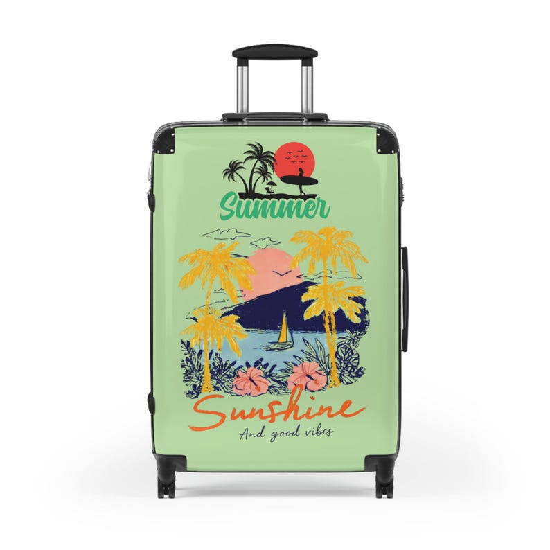 Summer Sunshine beach scene Suitcase | tropical palm trees, sailboat, retro sunset image 7