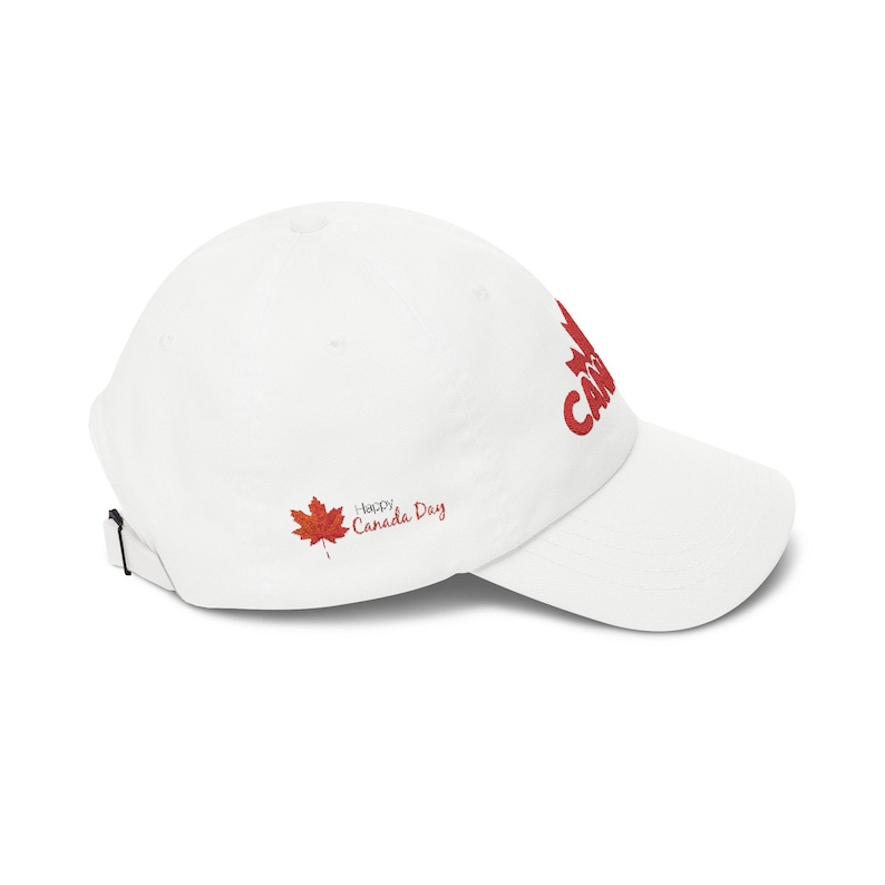 May include: White baseball cap with a red maple leaf and the text "Canada" on the side. The cap also features a small red maple leaf and the text "Happy Canada Day". Adjustable strap in the back.
