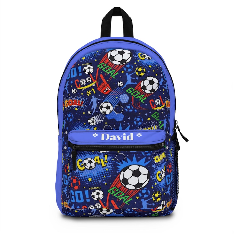 Personalized Name Accent Backpack Soccer Goal Pattern | Kids Football Print School Bag image 1