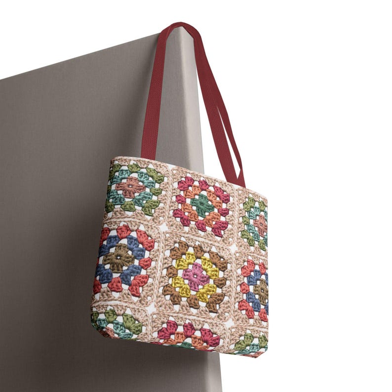 Colorful Crochet Granny Squares Tote | Pattern All-Over-Print Bag image 2