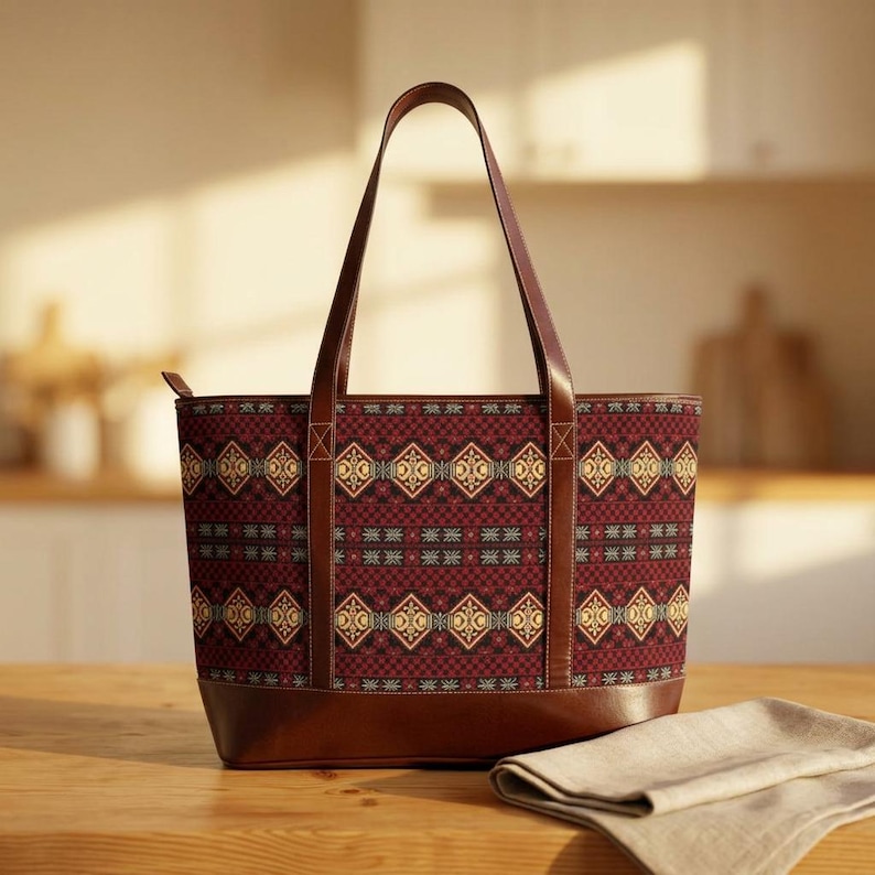 Rustic Geometric Pattern Handbag | Burgundy Aztec Tote image 1