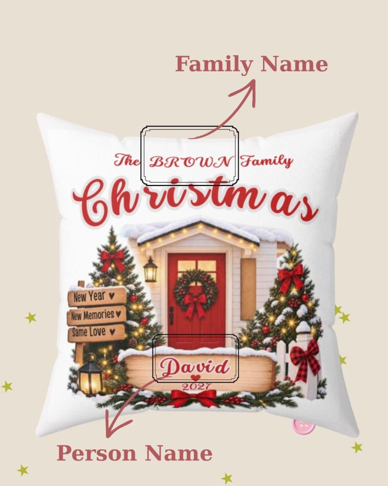 May include: A white square throw pillow featuring a festive holiday scene with a red front door, two decorated Christmas trees, and a wooden sign. The text reads The BROWN Family Christmas, New Year, New Memories, Same Love, David, and 2027.