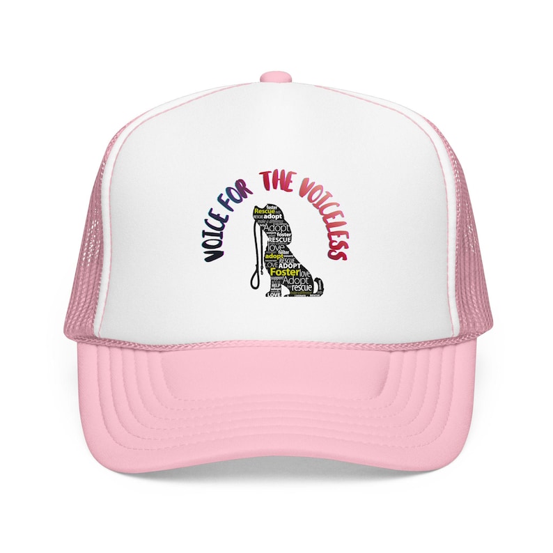 May include: A pink and white trucker hat with the text "Voice for the Voiceless" in a curved design. A black silhouette of a dog is in the center, with words like "adopt" and "rescue" inside the dog's shape.