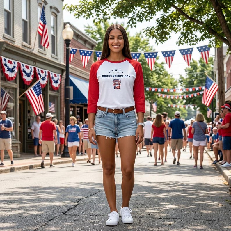May include: A white baseball-style t-shirt with red three-quarter length sleeves, featuring the text INDEPENDENCE DAY and a graphic of two cherries on the chest, paired with light blue denim shorts and a brown leather belt with a metal buckle.
