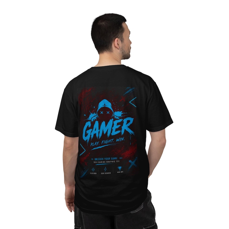 Gamer Hoodie Grafisk T-shirt | Neonblå Arcade-logotyp, Spela Kämpa Vinn bild 10