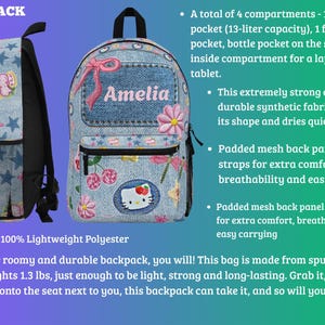 May include: A denim-look polyester backpack featuring a Hello Kitty graphic, pink bow, and floral patterns. The bag includes a front pocket, side bottle pocket, and a main compartment with a 13-liter capacity. It weighs 1.3 lbs and has padded straps.
