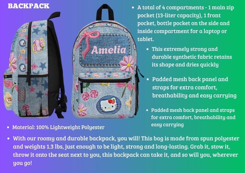 May include: A denim-look polyester backpack featuring a Hello Kitty graphic, pink bow, and floral patterns. The bag includes a front pocket, side bottle pocket, and a main compartment with a 13-liter capacity. It weighs 1.3 lbs and has padded straps.