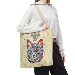 Floral Cat Face mama Tote Bag | Colorful Embroidered Style Animal Print image 18