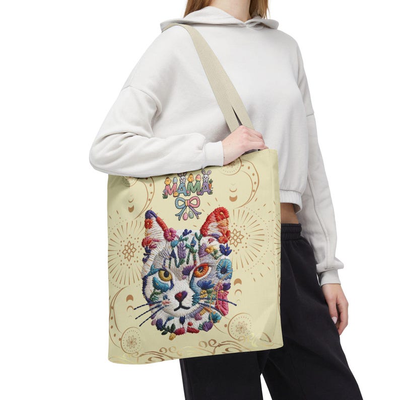 Floral Cat Face mama Tote Bag | Colorful Embroidered Style Animal Print image 18