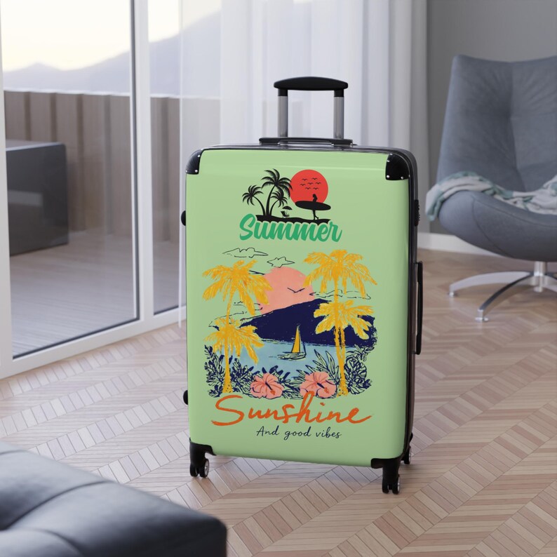 Summer Sunshine beach scene Suitcase | tropical palm trees, sailboat, retro sunset image 14