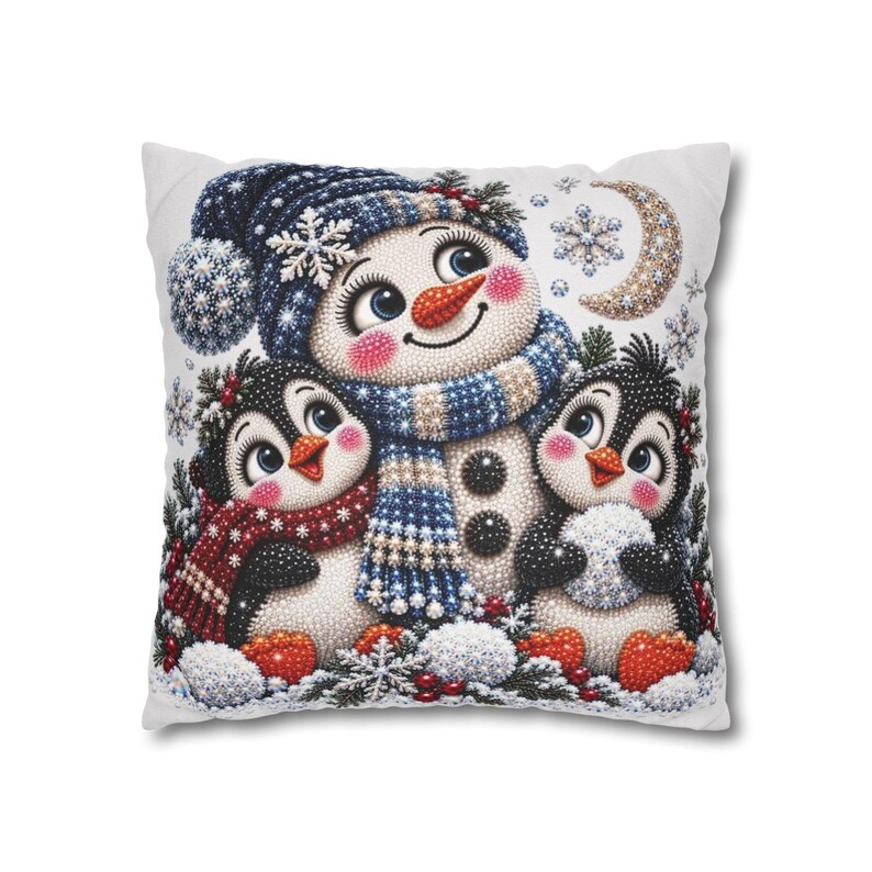 Kerstsneeuwpop met pinguïns kussensloop | Kerstdecoratie voor thuis afbeelding 2