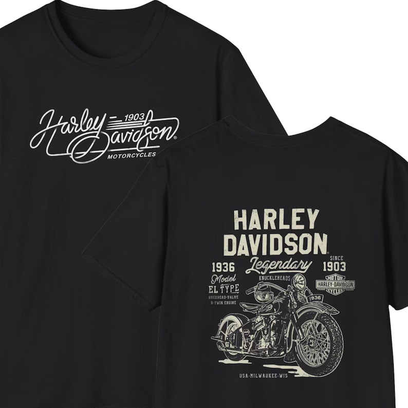 May include: A black t-shirt featuring a white Harley-Davidson logo on the front. The back displays a vintage motorcycle illustration with the text Harley Davidson, 1936, 1903, Legendary, Model EL Type, Knucklehead, and USA-Milwaukee Wis.
