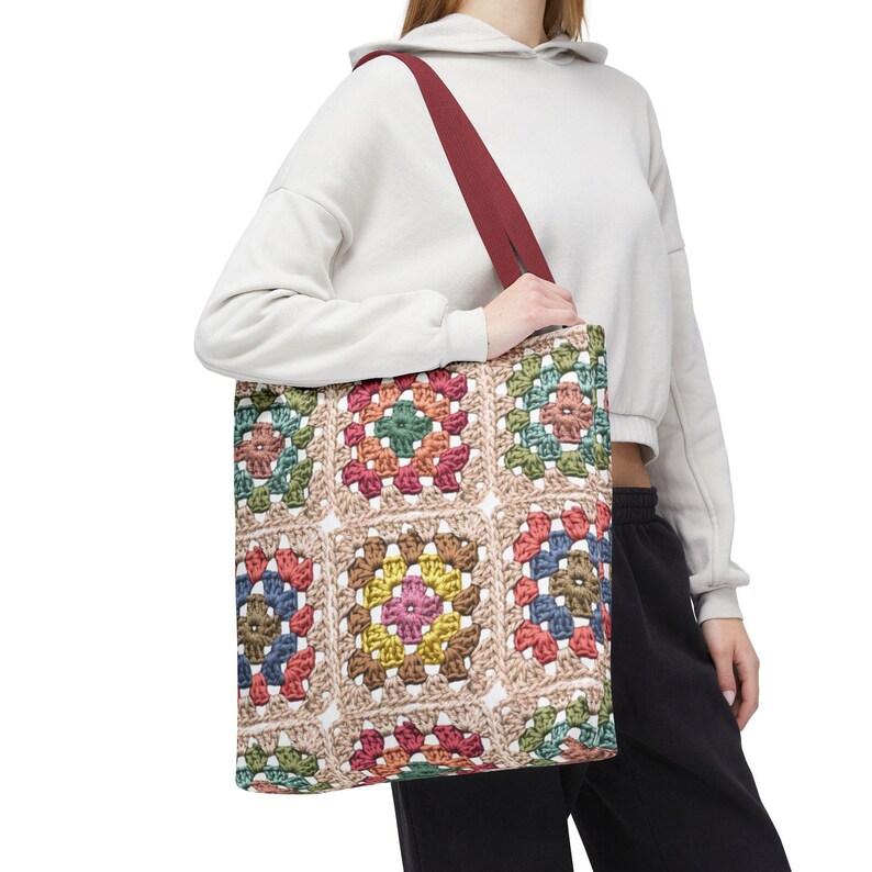Colorful Crochet Granny Squares Tote | Pattern All-Over-Print Bag image 9