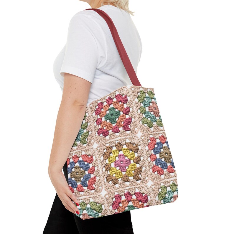 Colorful Crochet Granny Squares Tote | Pattern All-Over-Print Bag image 7