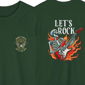 May include: A dark green t-shirt featuring a graphic of a skeleton playing a red electric guitar surrounded by orange flames with the text LET'S ROCK. A smaller chest graphic shows a guitar with wings and the text BORN TO ROCK UNTIL THE END.