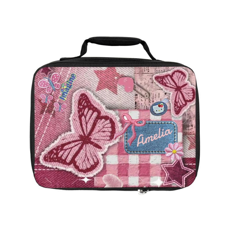 Personalized Pink Butterfly Patchwork,Back to school Lunch Bag image 1