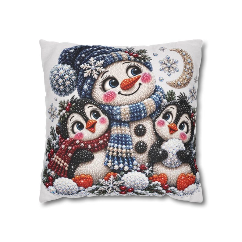 Kerstsneeuwpop met pinguïns kussensloop | Kerstdecoratie voor thuis afbeelding 1