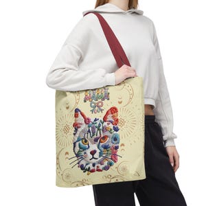 Floral Cat Face mama Tote Bag | Colorful Embroidered Style Animal Print image 17