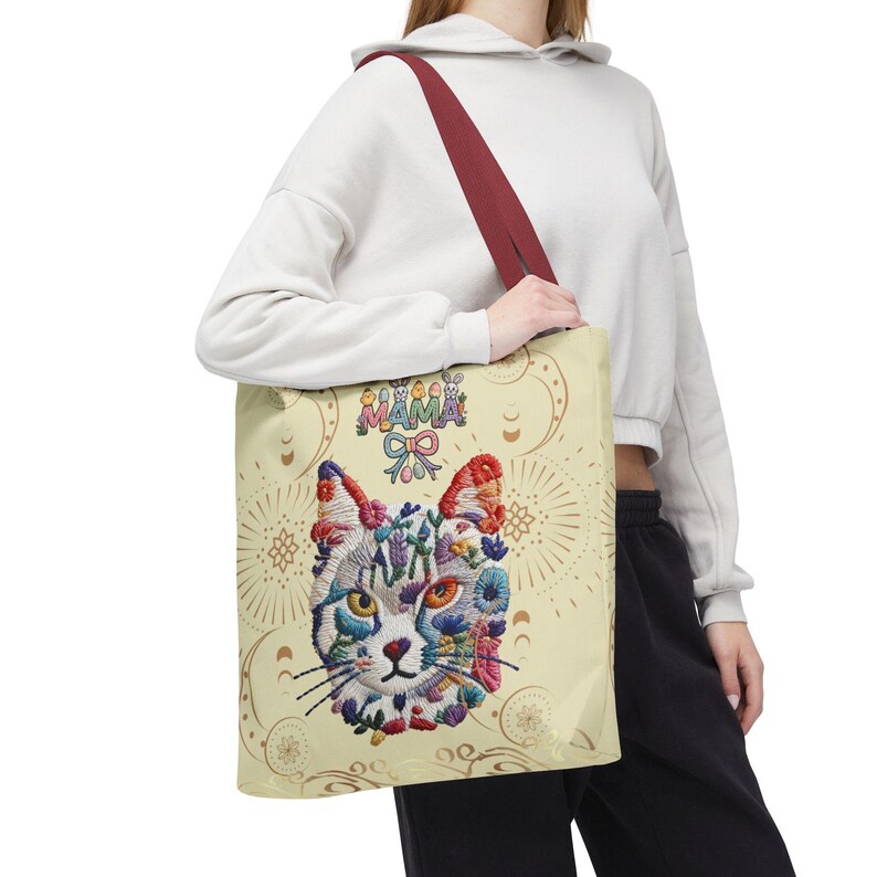 Floral Cat Face mama Tote Bag | Colorful Embroidered Style Animal Print image 17