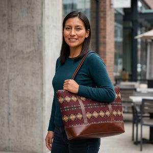 Rustic Geometric Pattern Handbag | Burgundy Aztec Tote image 2