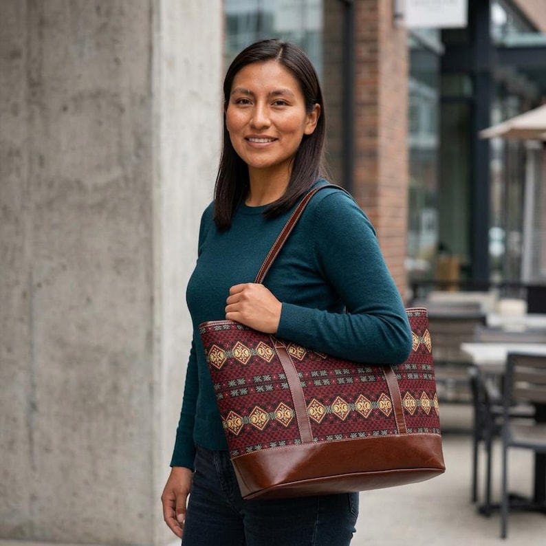 Rustic Geometric Pattern Handbag | Burgundy Aztec Tote image 2