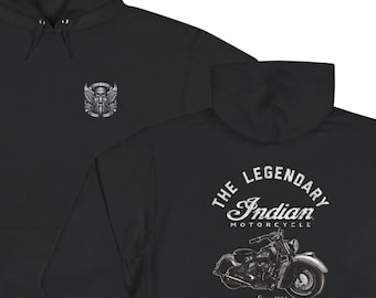 May include: A black hooded sweatshirt featuring a small white graphic on the front chest of a skull with wings. The back displays a large white graphic of a vintage motorcycle with the text THE LEGENDARY Indian MOTORCYCLE Since 1901.