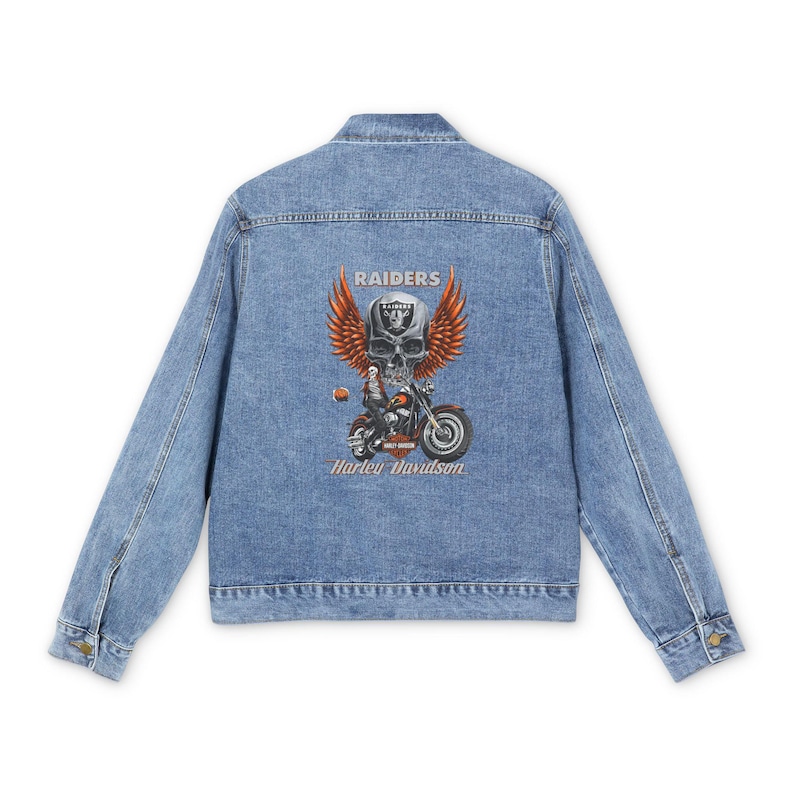 Raiders Skull with Wings motorcycle graphic Denim Jacket | Harley Davidson style image 3