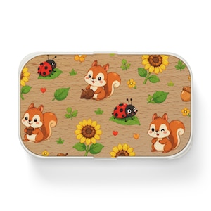 Squirrel Sunflower Ladybug Bento Lunch Box | Woodland Pattern Silicone Tray image 2