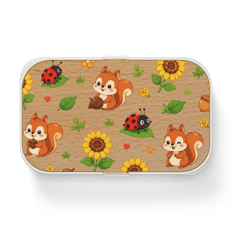 Squirrel Sunflower Ladybug Bento Lunch Box | Woodland Pattern Silicone Tray image 2