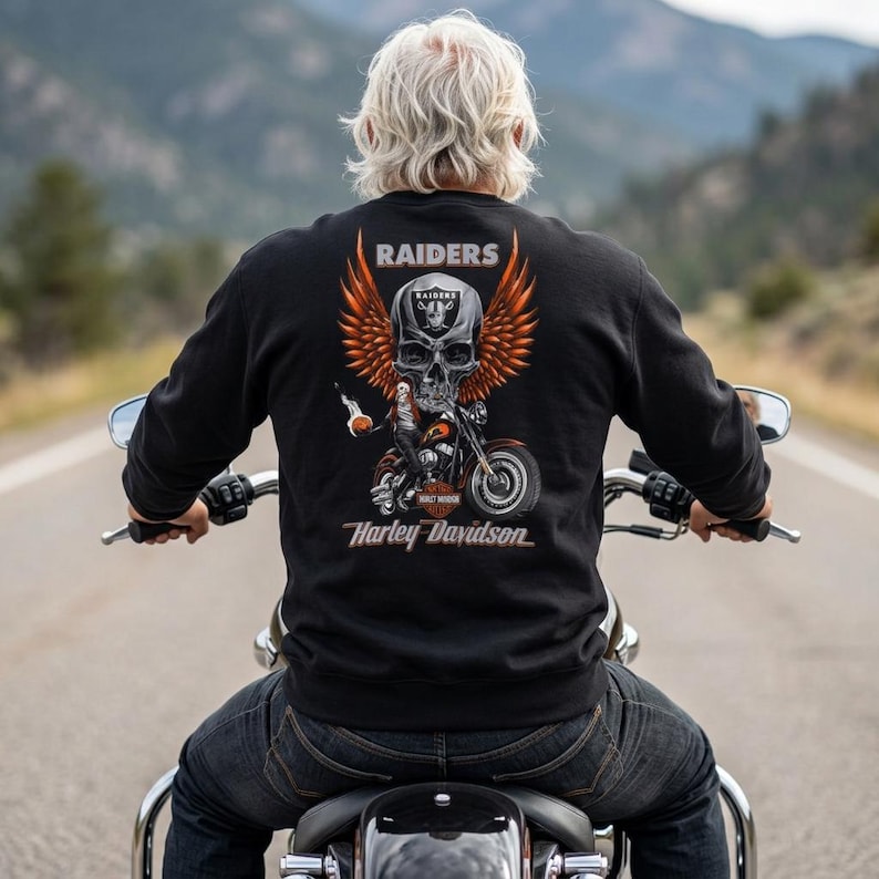 Raiders Skull Motorcycle with Wings Crewneck Sweatshirt | Harley Davidson Style image 3