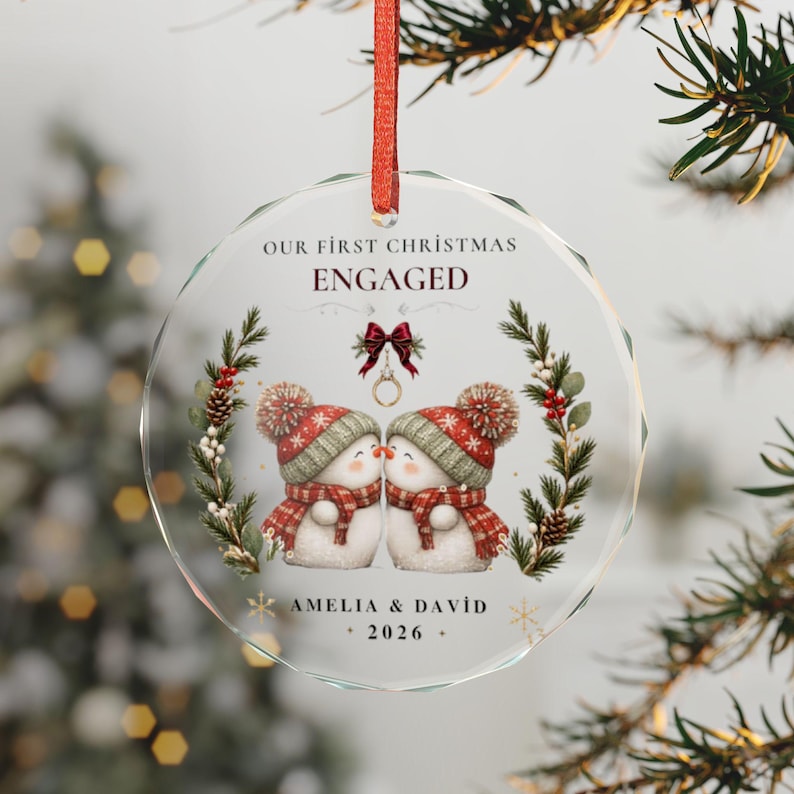 Personalized Engaged Snow Couple Crystal Ornament | Our First Christmas, Names & Year image 1