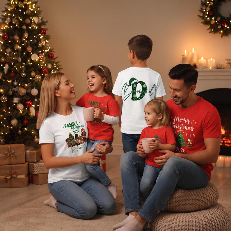 Puede incluir: Una colecci&oacute;n de camisetas blancas y rojas con gr&aacute;ficos navide&ntilde;os. Las camisetas blancas muestran un grupo de perros y el texto 'FAMILY Christmas 2026', mientras que otras muestran una letra 'D' grande con un patr&oacute;n verde o 'Merry Christmas 2026'.