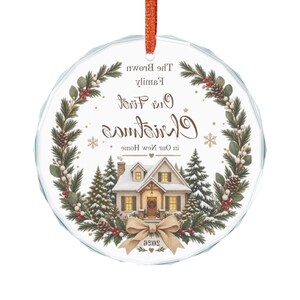 Our First Christmas Crystal Glass Ornament | Snowy House Wreath Personalized image 5