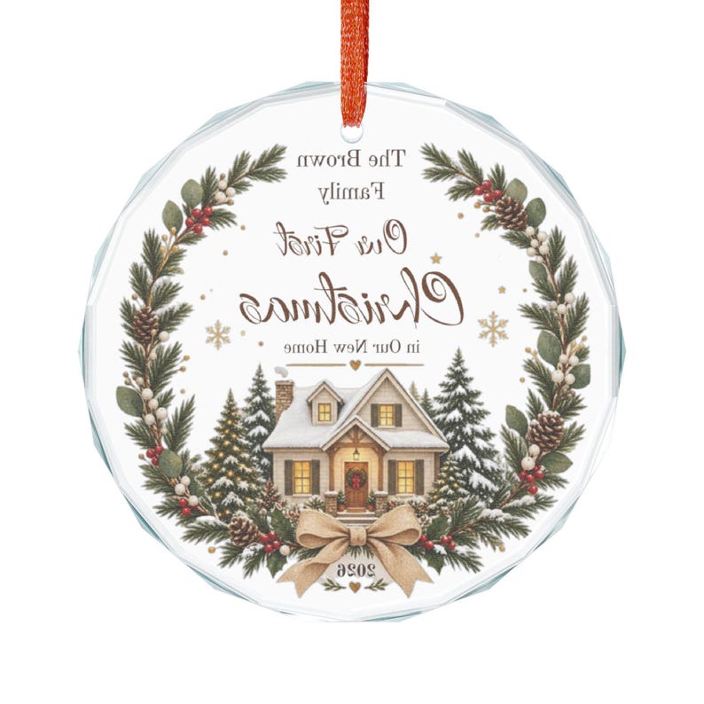 Our First Christmas Crystal Glass Ornament | Snowy House Wreath Personalized image 5