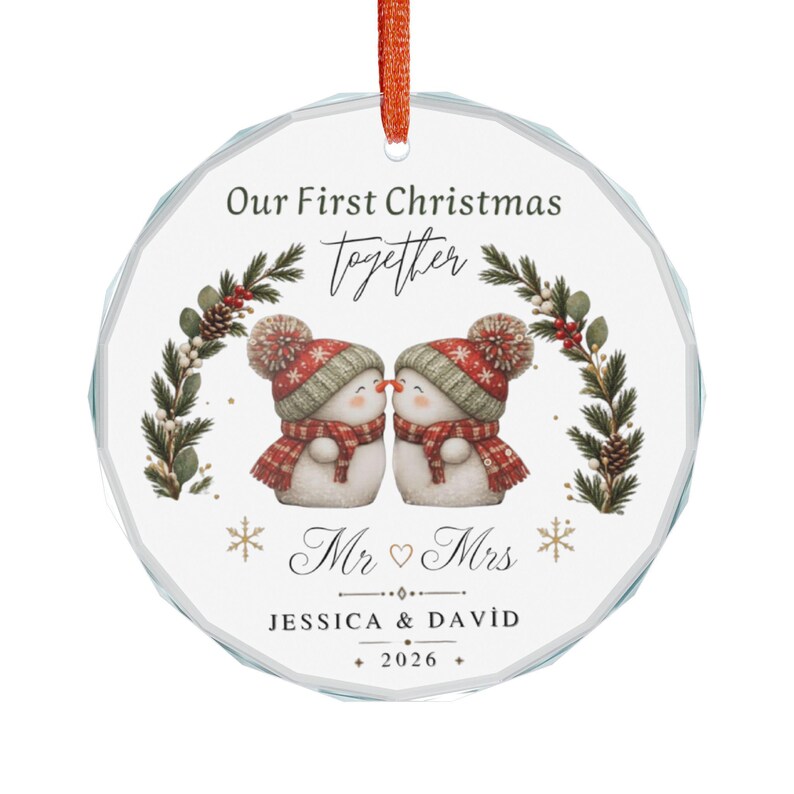 Snowman Couple Ornament | Personalized Crystal Glass for Our First Christmas image 2