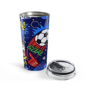 Bicchiere termico da viaggio con grafica a tema porta da calcio (20 oz) / Tazza da viaggio con motivo a pallone da calcio immagine 4